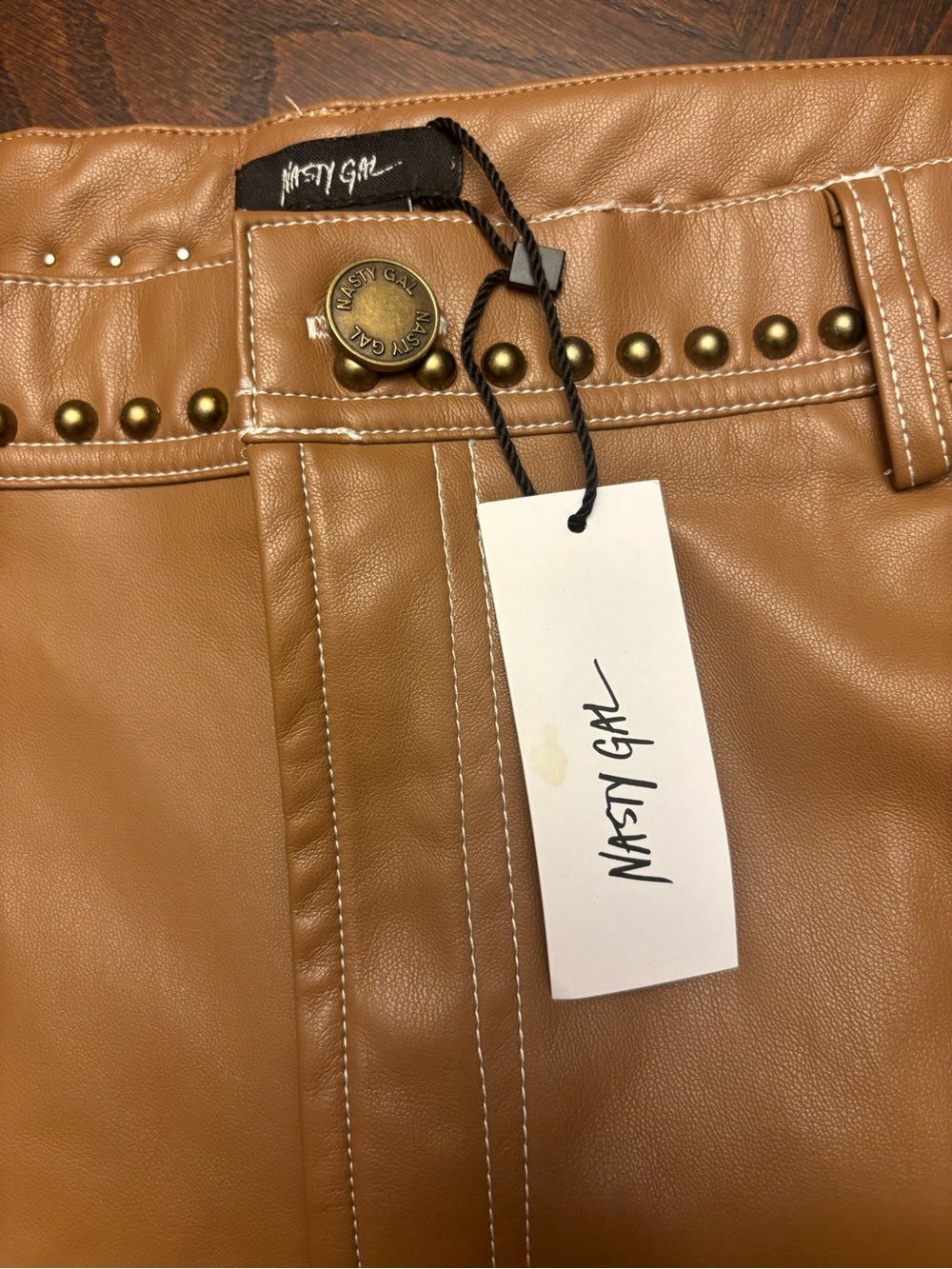 NWT Nasty Gal Tan Premium Faux Leather Studded Shorts- Size 12 - Picture 2 of 7